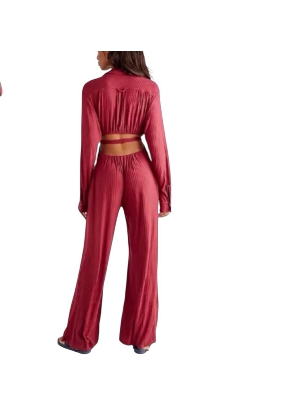 Free People Elai Open Back Ribbed Knit Long Sleeve Wide Leg Jumpsuit - Size M - Picture 3 of 9
